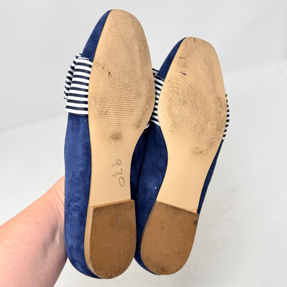 Talbots Flats Navy Blue Suede 7.5M Striped Bow Square Toe Loafers Preppy Classic - Picture 7 of 10